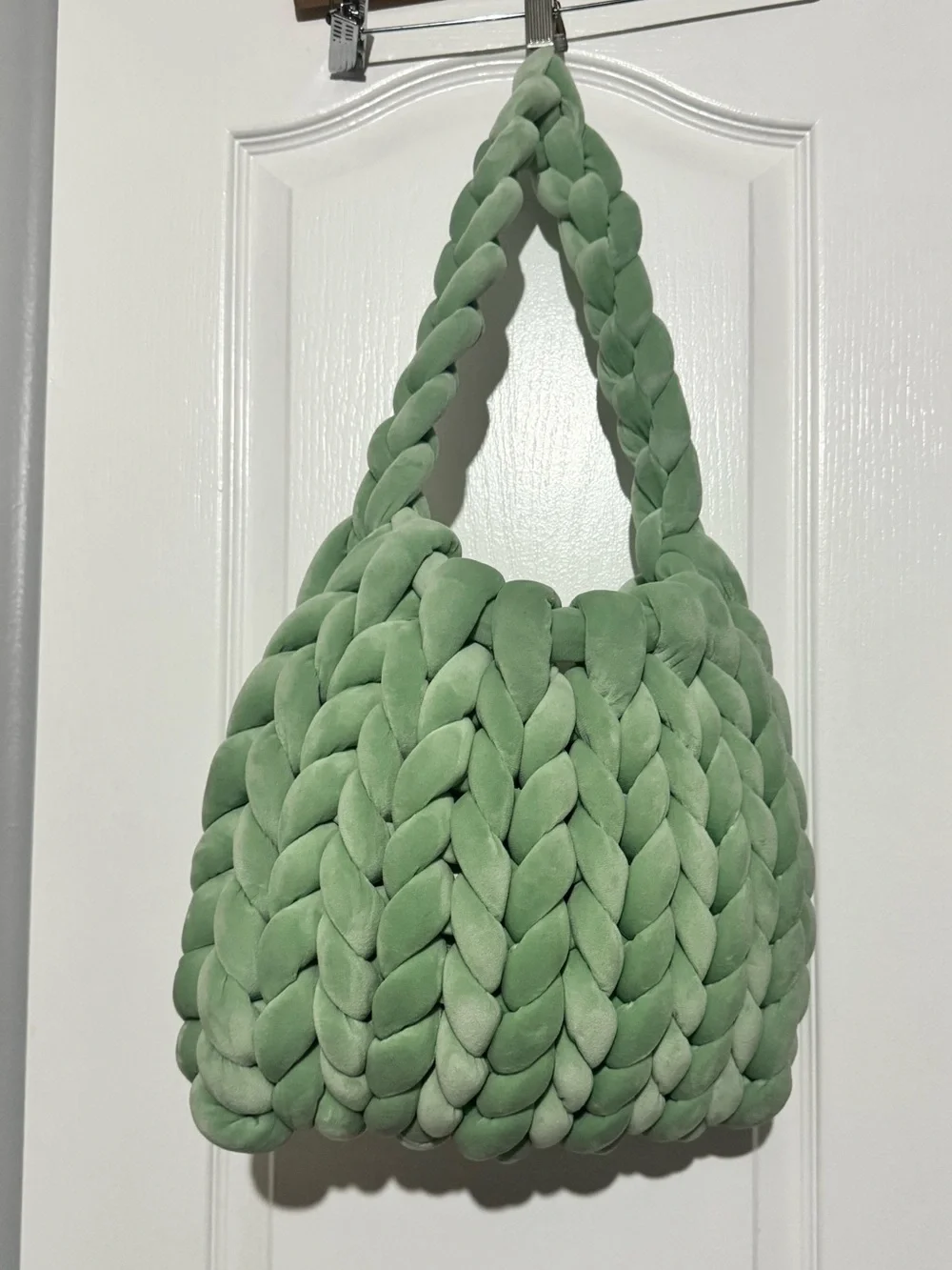 NEW Handmade Chunky Knit Crochet Trendy Velour Braided Shoulder Bag - Sage Green